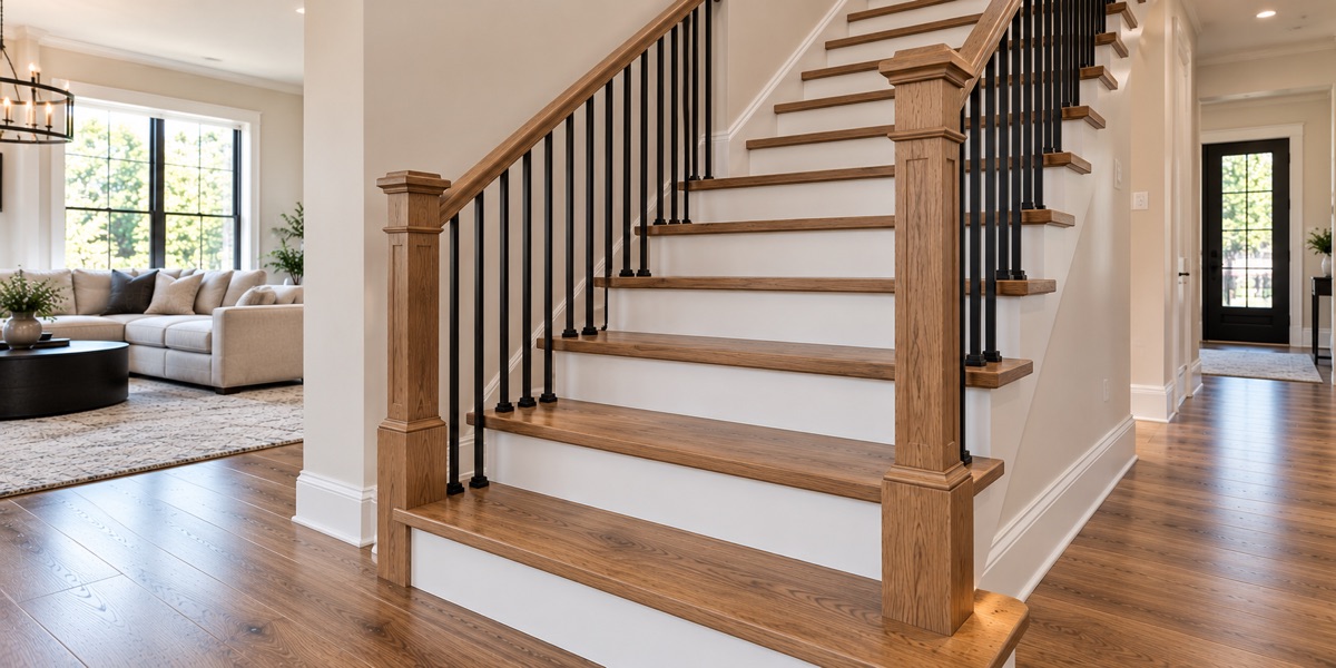 Staircase with new hardwood treads installed by GS-Pro Flooring